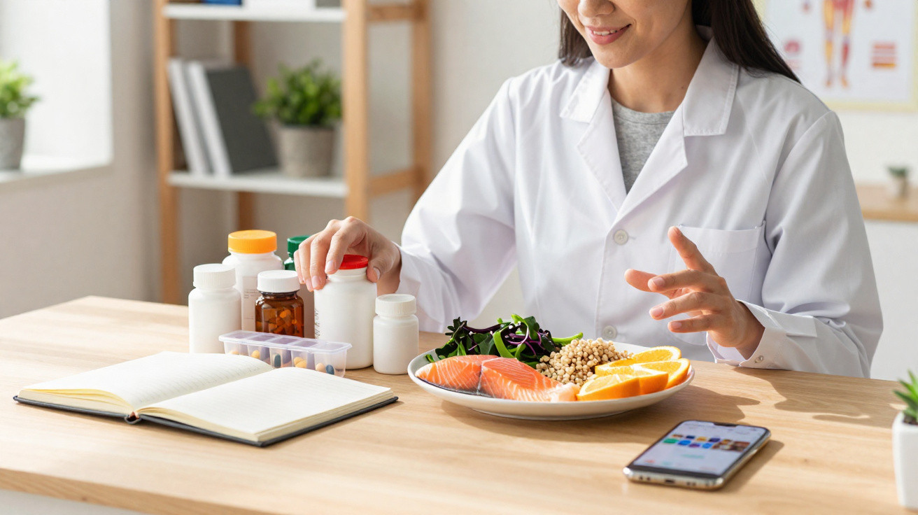 Nutricionista com bata branca a aconselhar suplementos e uma alimentação saudável com peixe e frutas.