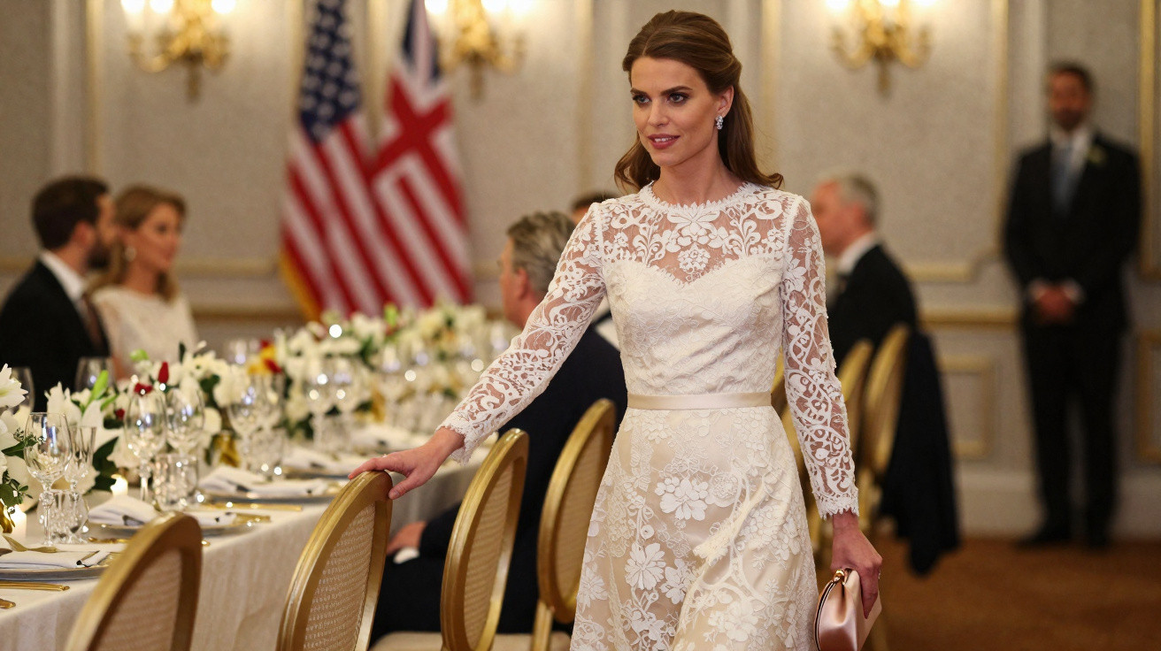 Mulher elegante em vestido de renda branca em evento formal com bandeiras dos EUA e Reino Unido ao fundo.