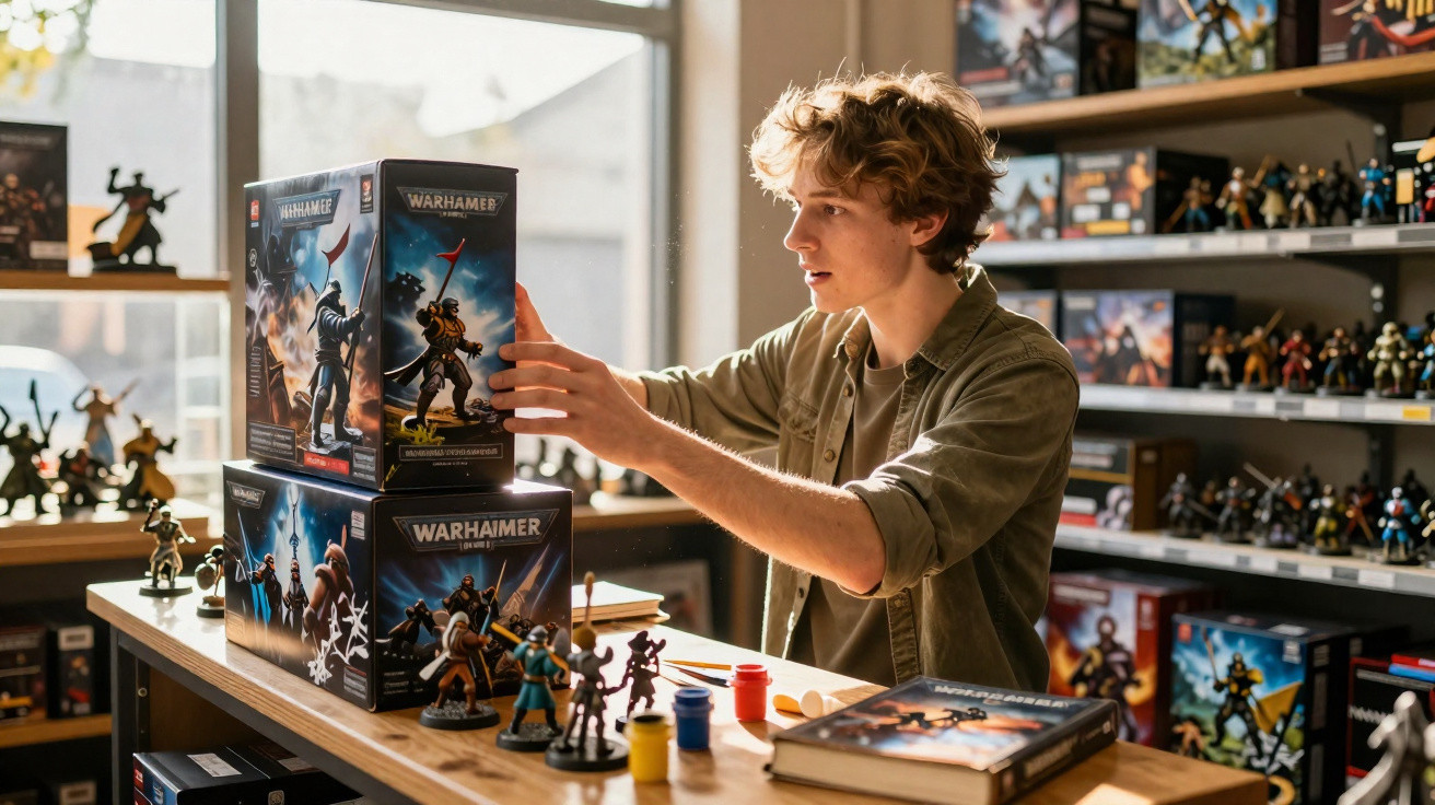Jovem organiza miniaturas e caixas do jogo Warhammer numa loja com várias prateleiras ao fundo.