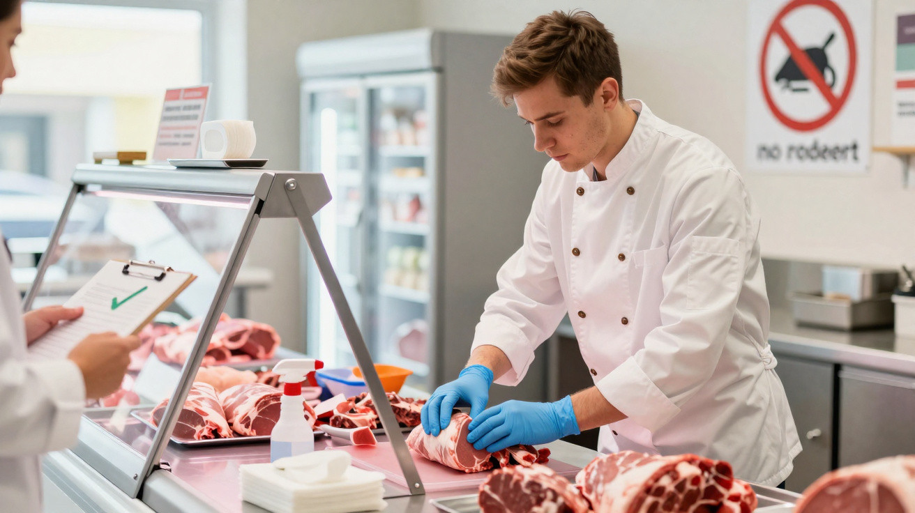 Talhante de luvas azuis a preparar carne num balcão de talho com outra pessoa a anotar numa prancheta.
