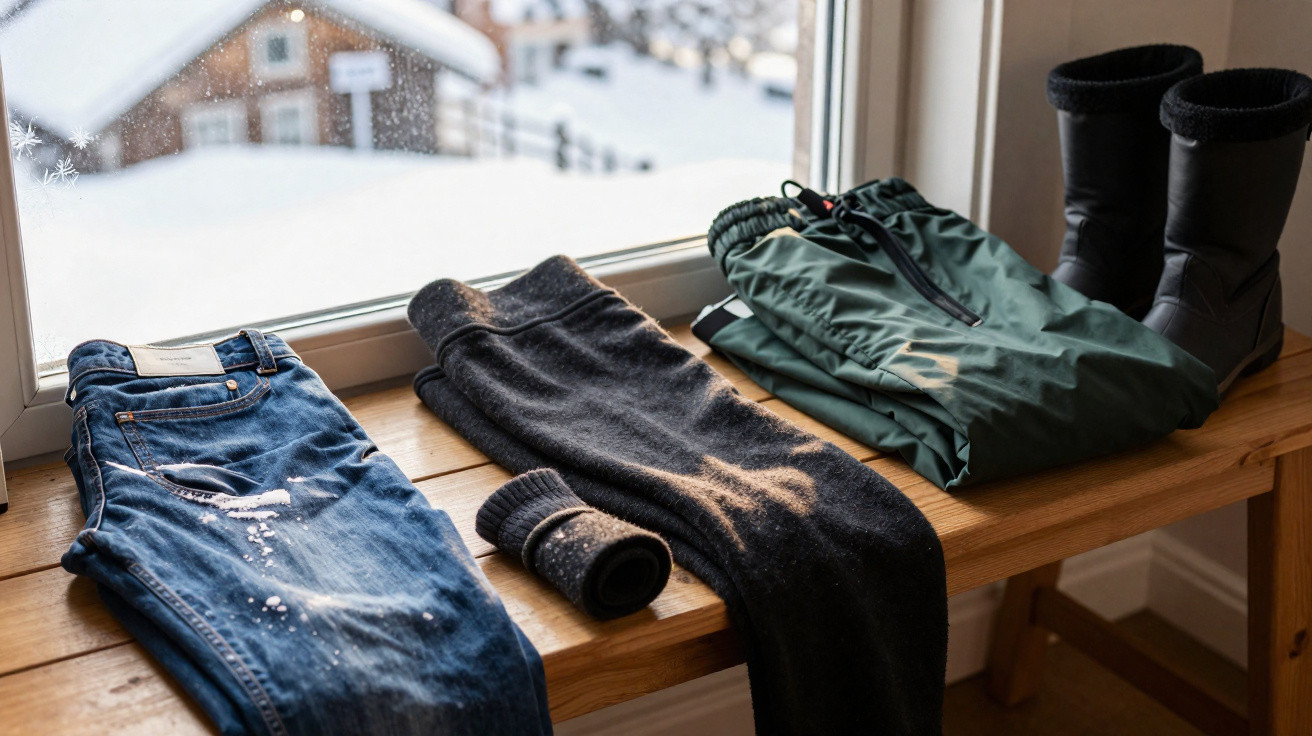 Calças de ganga, leggings, calças impermeáveis, botas e meias negras sobre banco de madeira junto a janela com vista de neve.