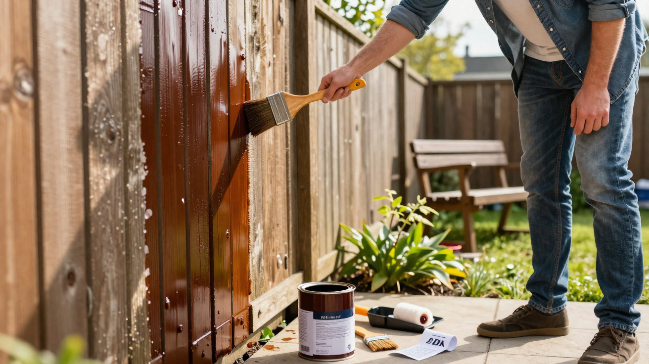 Pessoa a pintar uma vedação de madeira castanha no jardim com pincel, perto de lata de tinta e ferramentas.