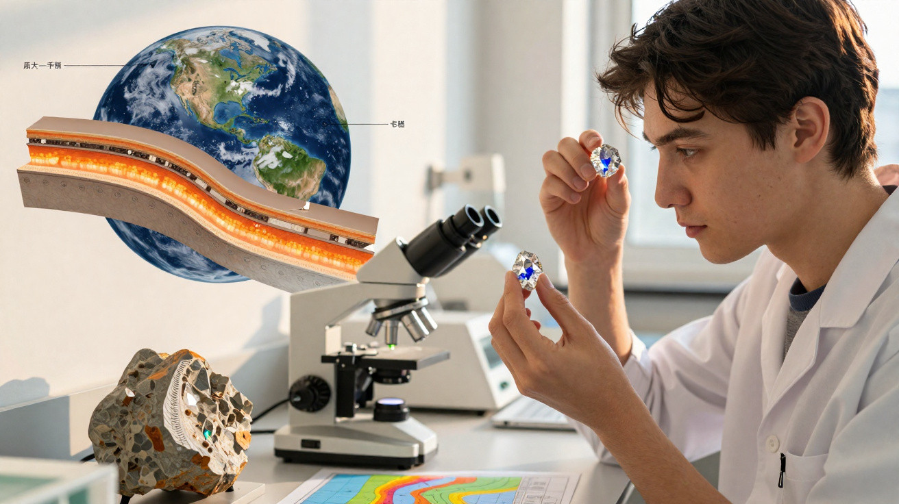 Jovem cientista analisa minerais e mapa geológico com modelo da Terra e microscópio num laboratório.