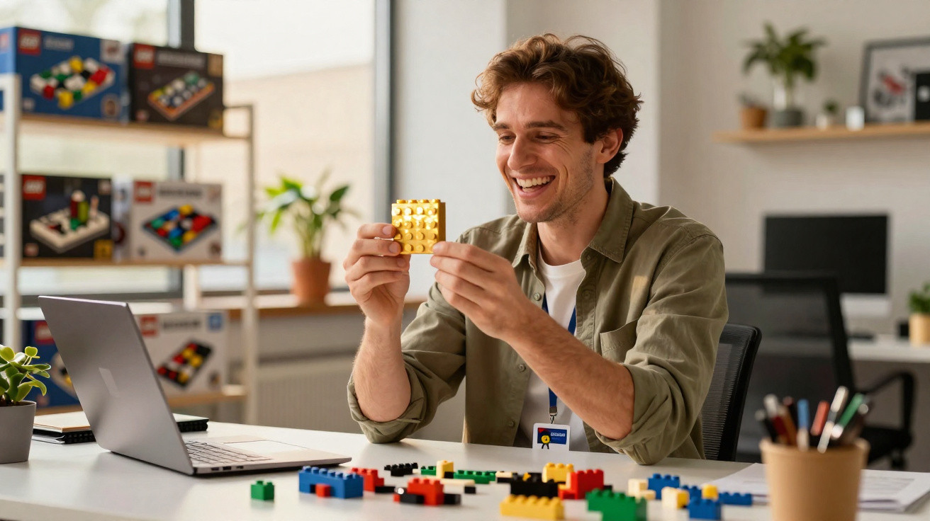 Homem feliz a construir peça amarela de LEGO sentado à secretária com portátil e peças coloridas espalhadas.
