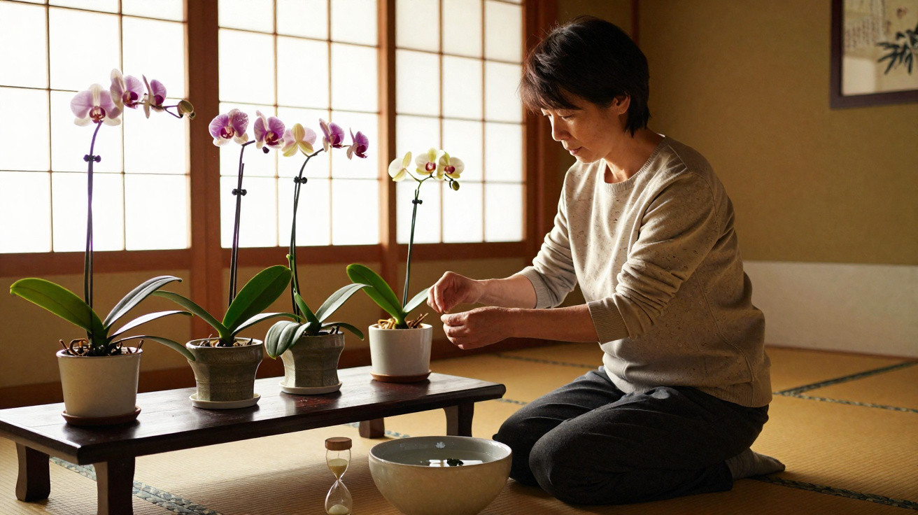 Pessoa a cuidar de orquídeas numa sala tradicional japonesa com luz suave e ambiente tranquilo.