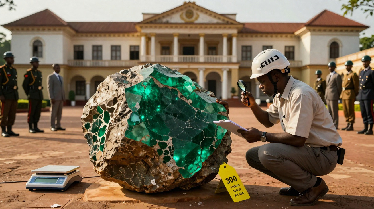 Homem com capacete inspeciona com lupa grande cristal verde numa praça diante de edifício histórico.