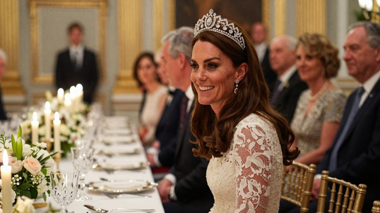 Mulher sorridente de vestido branco e diadema numa mesa formal decorada com flores e velas acesas.