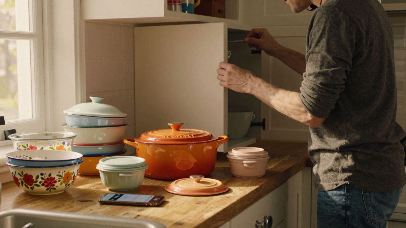 Homem abre armário de cozinha junto a bancada com panelas coloridas e telemóvel.