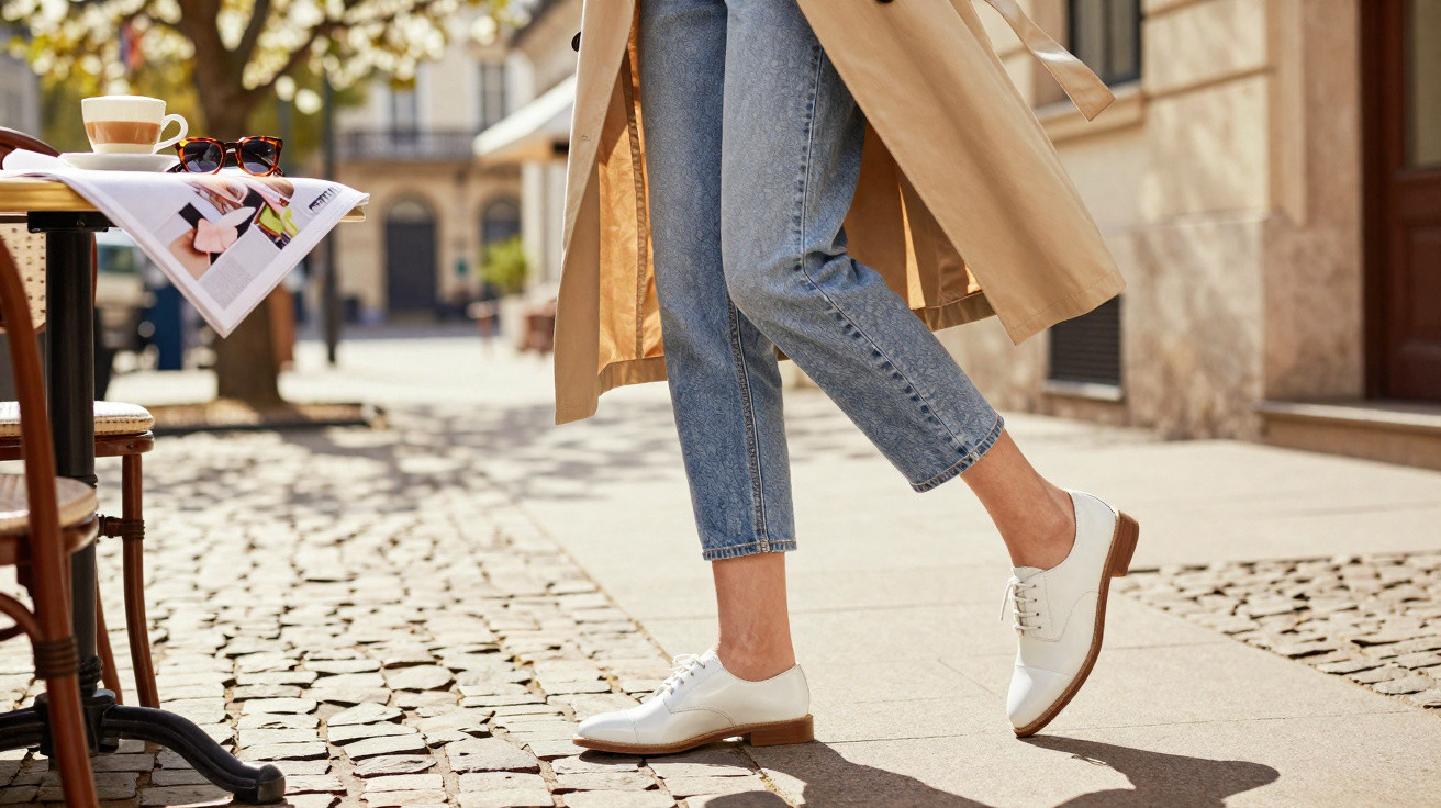 Pessoa com casaco bege, jeans e sapatos brancos a caminhar numa calçada junto a mesa de café com jornal e óculos escuros.
