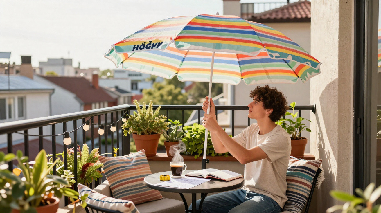 Homem ajeita guarda-sol às riscas coloridas numa varanda com plantas e mesa com café e livro aberto.