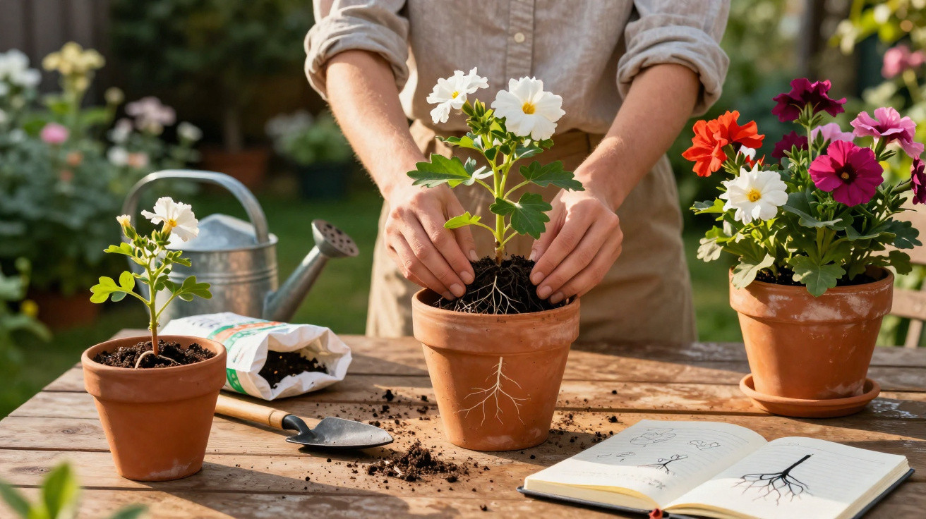 Pessoa a transplantar uma flor branca num vaso de barro, com ferramentas de jardinagem e caderno de desenhos à sua volta.
