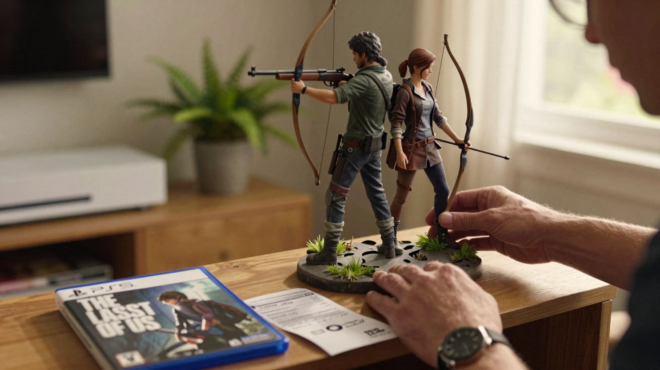 Pessoa a montar figuras de ação de personagens do videojogo The Last of Us sobre uma mesa de madeira.