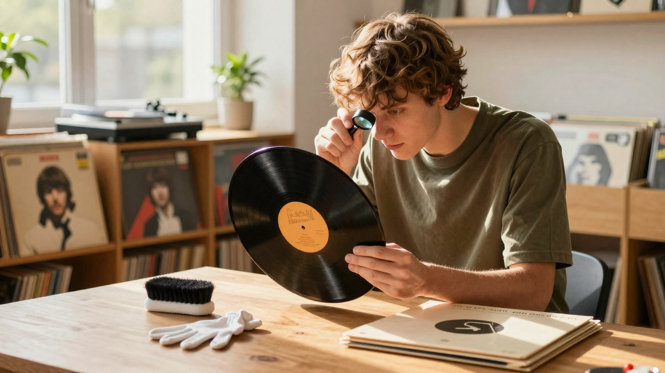Jovem a inspecionar um disco de vinil com lupa numa sala com estante de vinis ao fundo.
