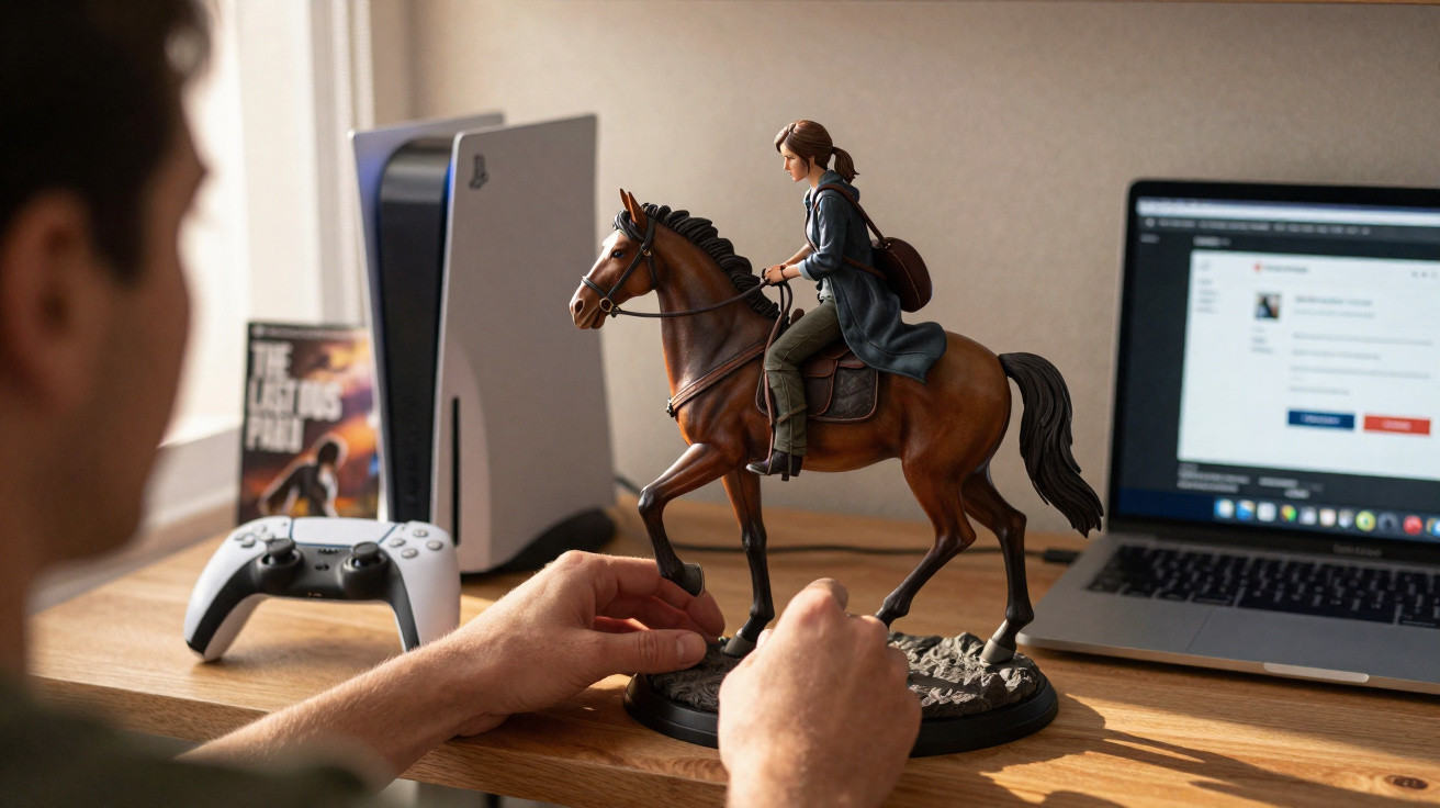 Pessoa monta estatueta de personagem a cavalo numa secretária com consola e computador portátil.