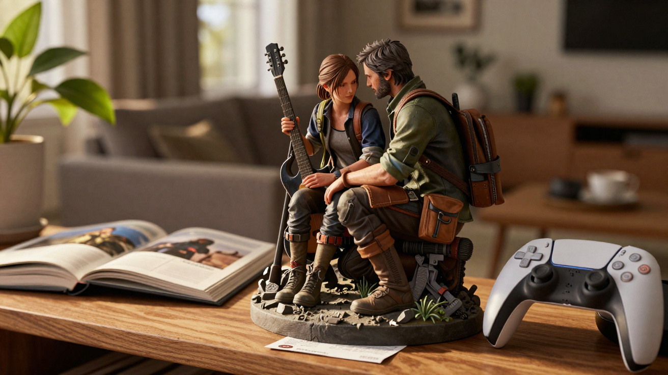 Figura detalhada de dois personagens sentados, um com uma guitarra, numa mesa com comandos e um livro aberto.