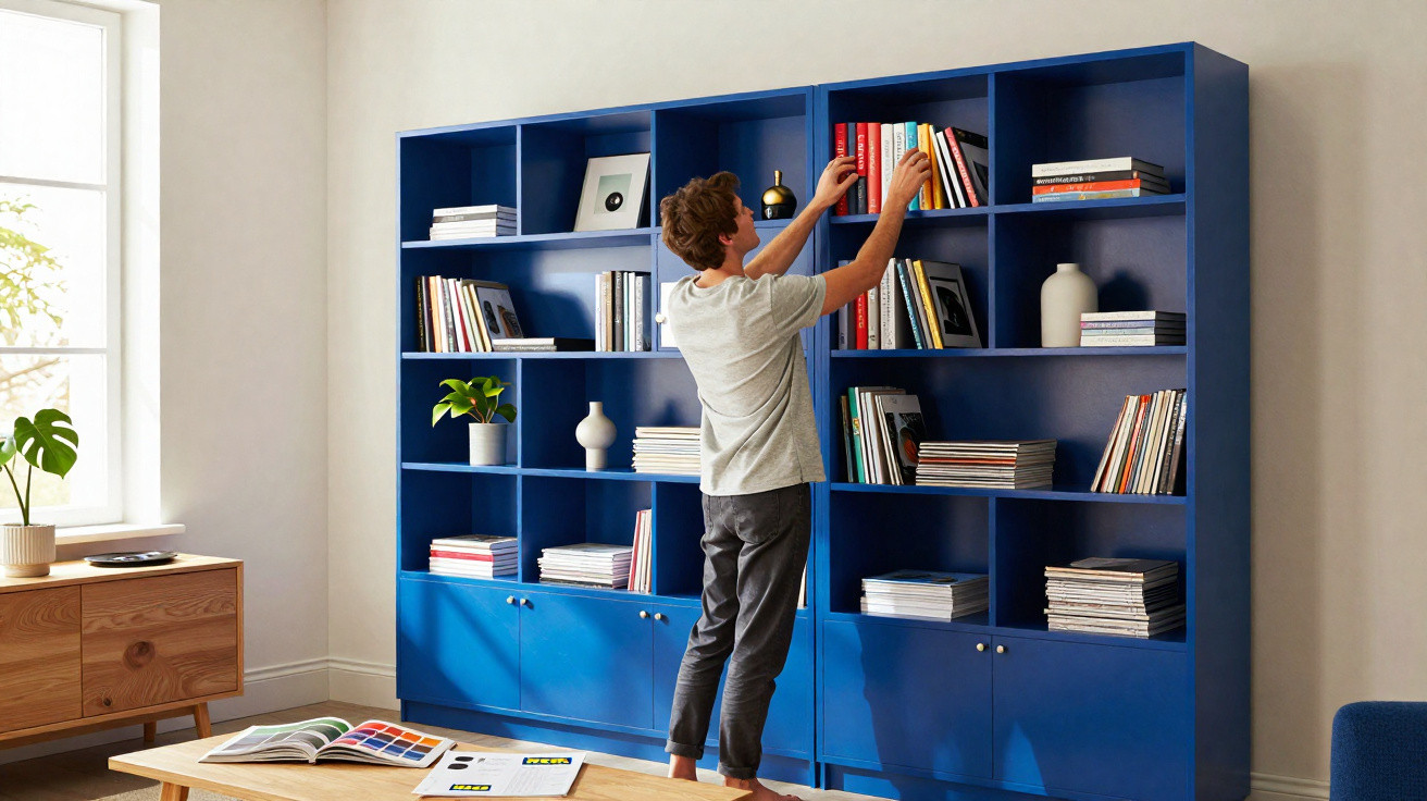 Homem a organizar livros numa estante azul numa sala bem iluminada com móveis modernos de madeira.