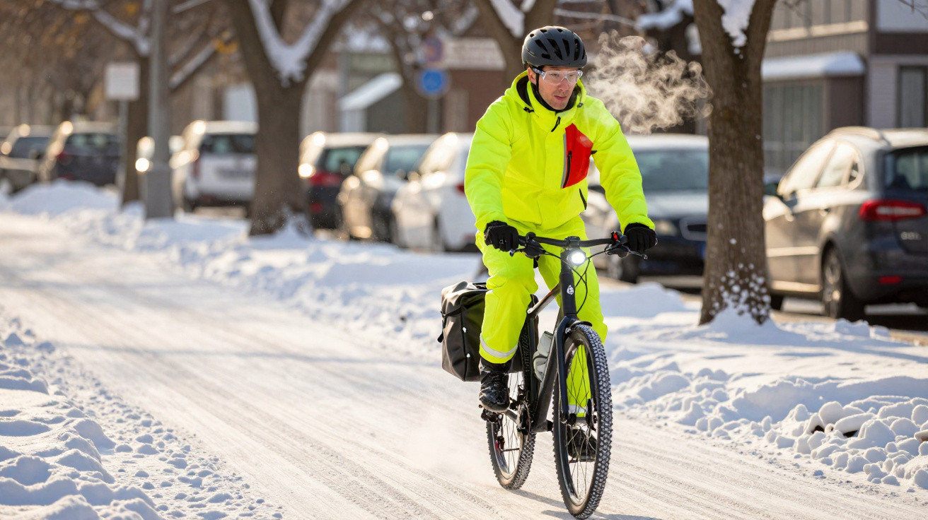 Homem com roupa amarela e capacete anda de bicicleta numa rua coberta de neve numa manhã fria.