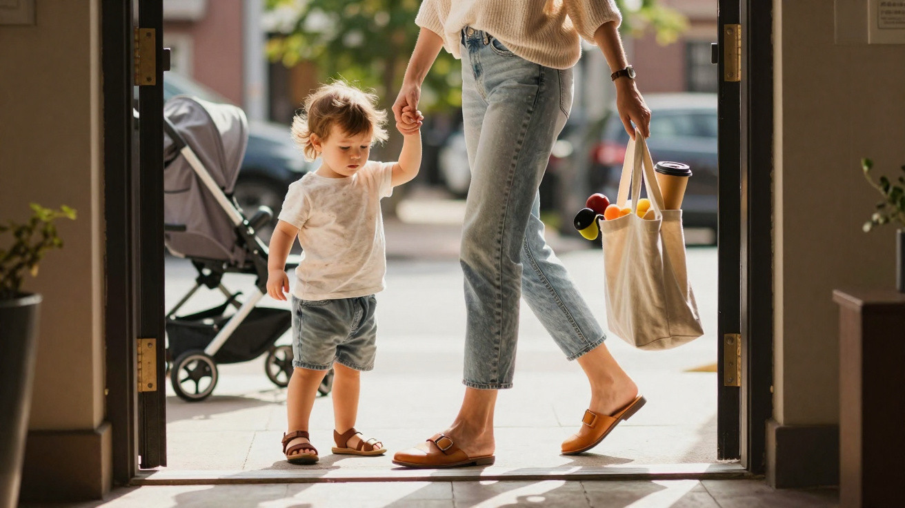 Criança de mão dada com adulto a sair de casa, com carrinho de bebé ao fundo e saco de compras na outra mão.