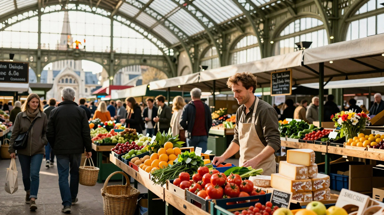 Mercado coberto com bancas de frutas, legumes e queijos, com várias pessoas e vendedor a organizar os produtos.
