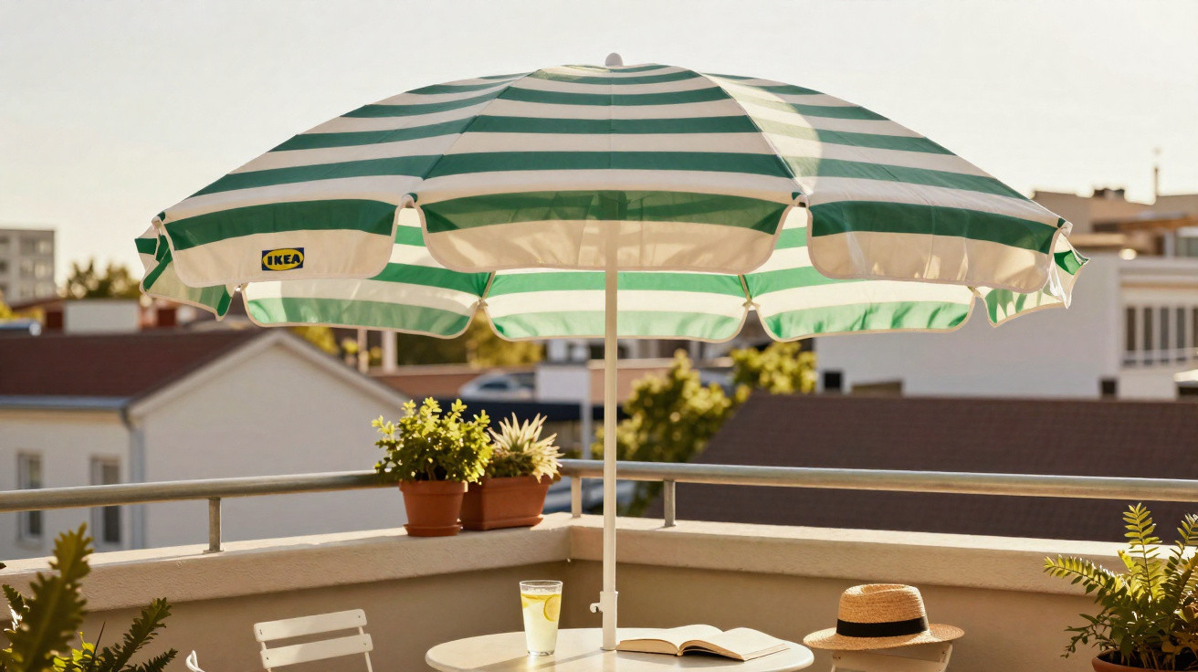 Guarda-sol verde e branco num terraço com mesa, livro aberto, chapéu, copo de limonada e vasos de plantas.