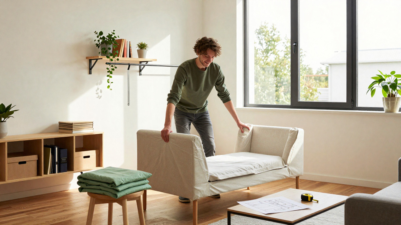 Homem a montar um sofá-cama em sala de estar iluminada com plantas e móveis de madeira clara.