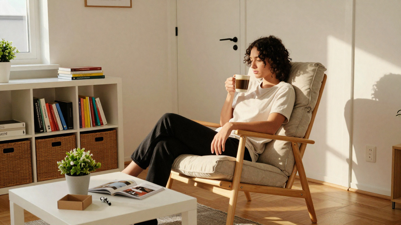 Pessoa sentada numa cadeira a beber café numa sala iluminada pelo sol, com livros e plantas ao redor.