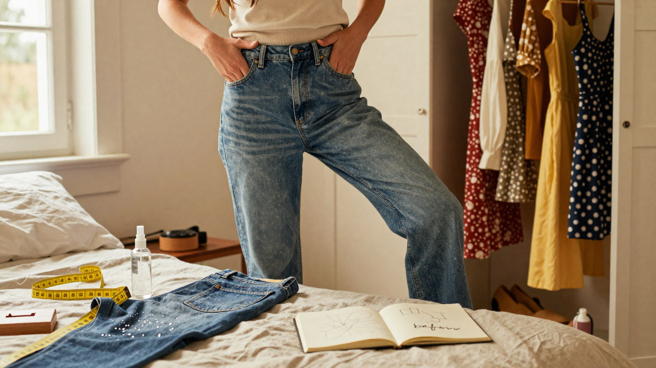 Mulher a provar jeans com roupa pendurada e caderno aberto numa cama iluminada por janela.
