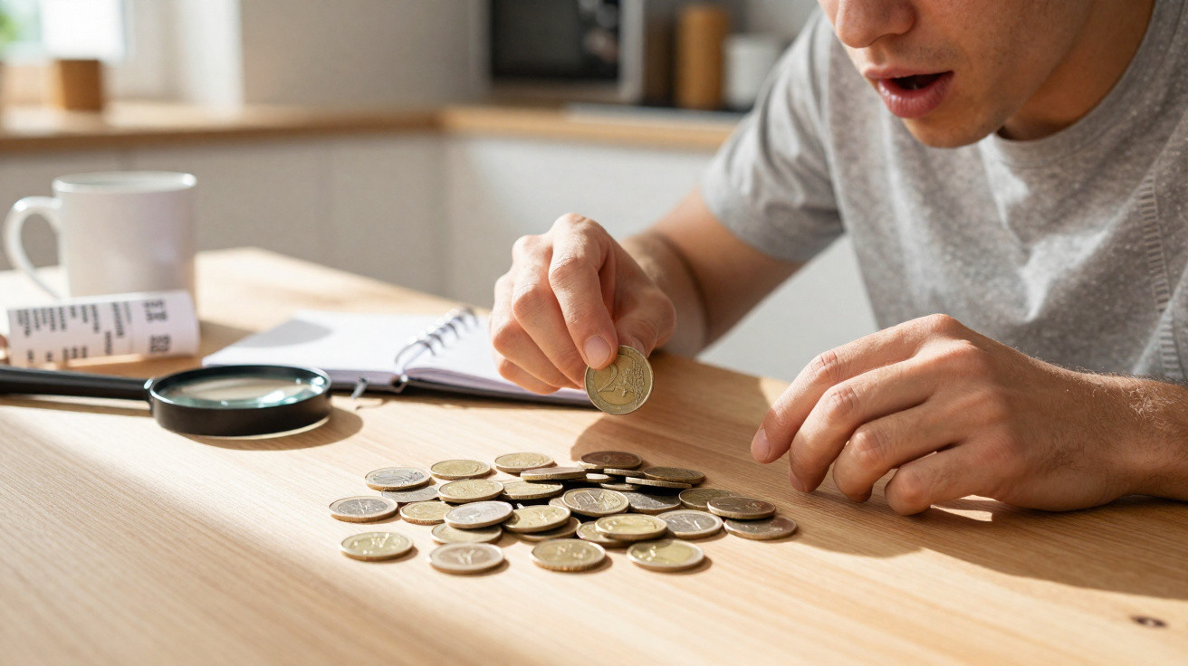 Pessoa a contar moedas de euro numa mesa de madeira com lupa e caderno ao lado.
