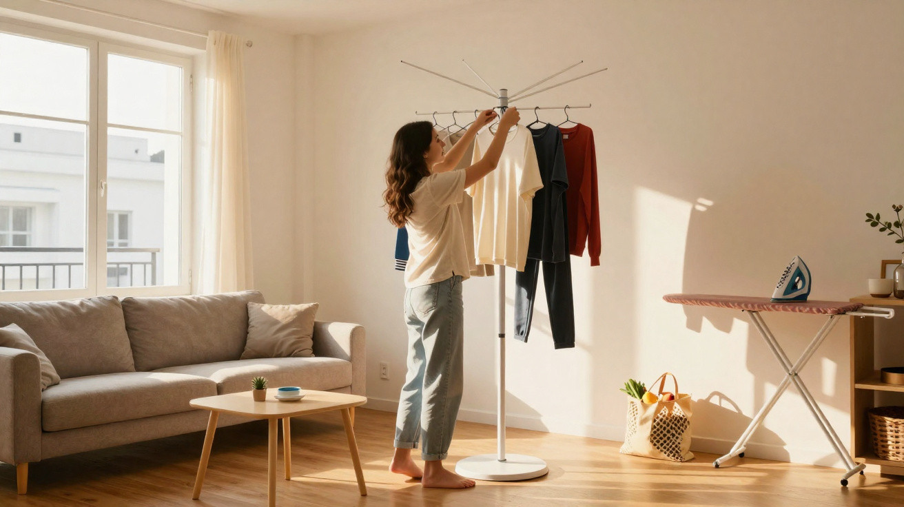 Mulher pendura roupa num varal interior num sala luminosa com sofá, mesa e tábua de engomar.