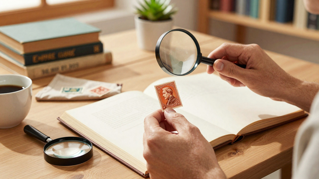 Pessoa a examinar um selo postal com uma lupa, com livros, uma chávena de café e envelope na mesa de madeira.