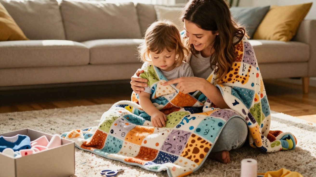 Mãe e filho sentados no chão de sala, abraçados por manta colorida, brincando juntos e sorrindo.