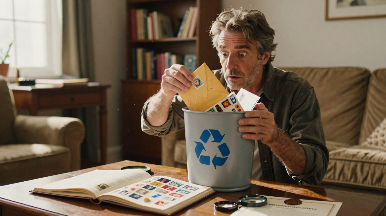 Homem surpreso coloca envelopes com selos numa lixeira de reciclagem numa sala com estante e livros.