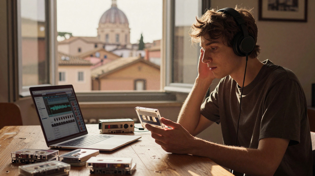 Jovem com auscultadores a ouvir cassete sentado à mesa com laptop, várias cassetes e janela aberta com vista urbana.