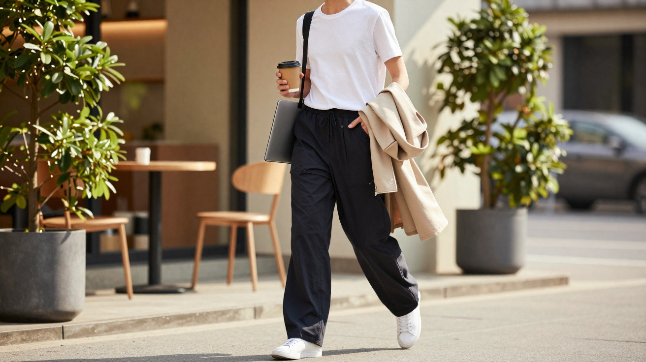 Pessoa a caminhar na rua com roupa casual, a segurar café para viagem e um casaco suave.