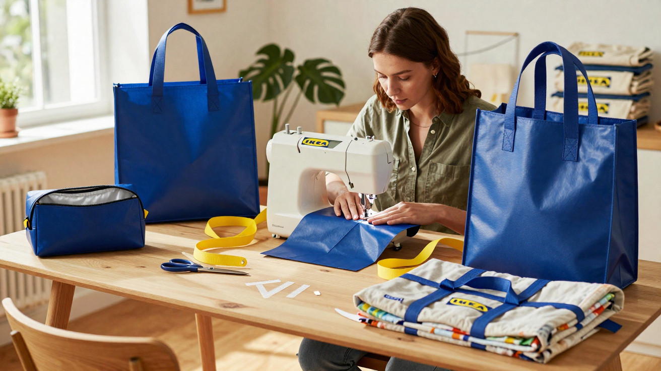 Mulher a costurar bolsa azul numa mesa com máquinas de costura, bolsas e tecidos IKEA.