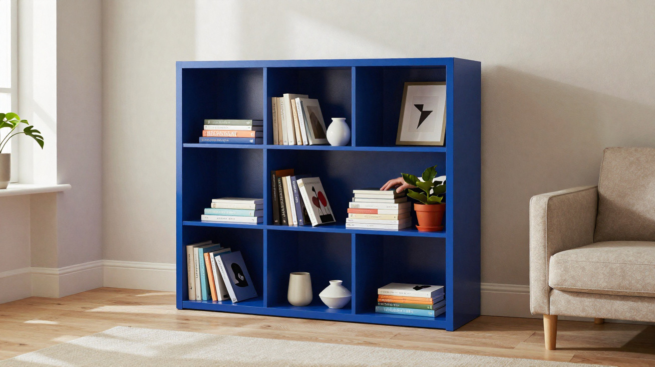 Estante azul com livros, vasos e planta, ao lado de sofá cinza junto a janela e parede clara.