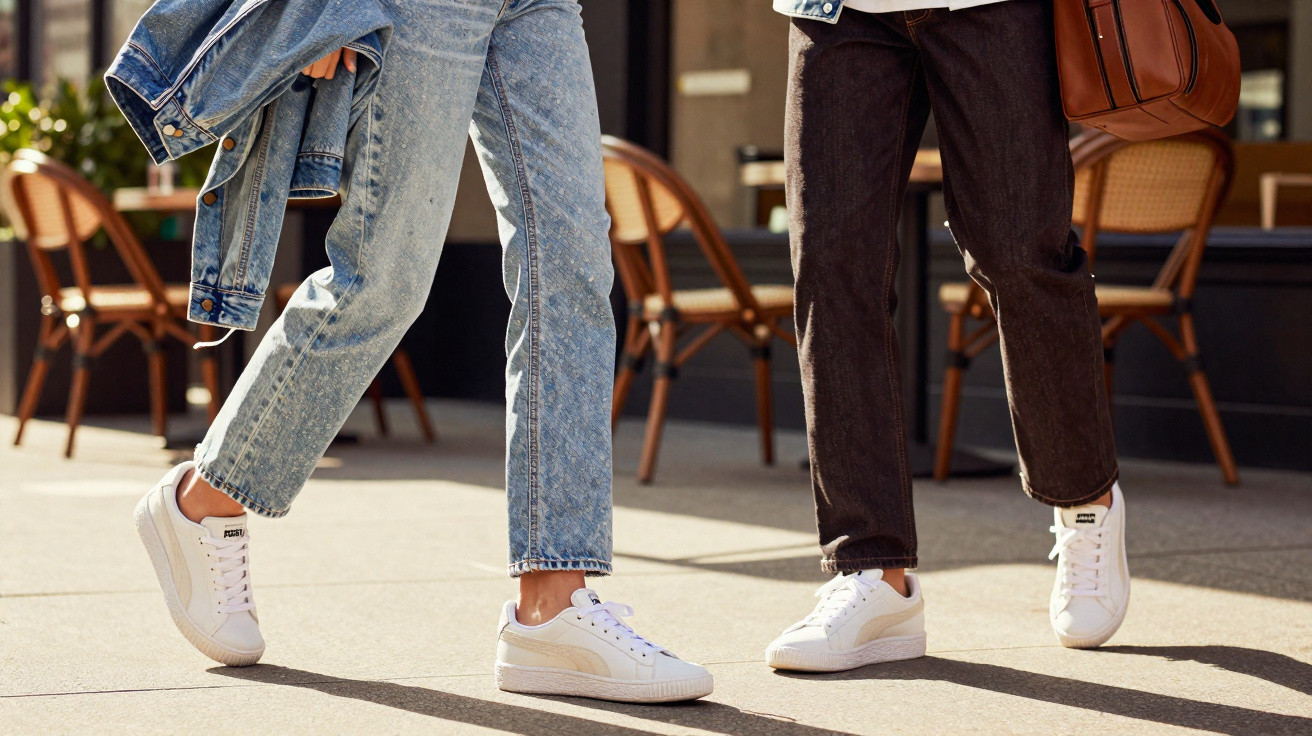 Duas pessoas com ténis brancos e calças jeans em ambiente urbano ensolarado com cadeiras ao fundo.