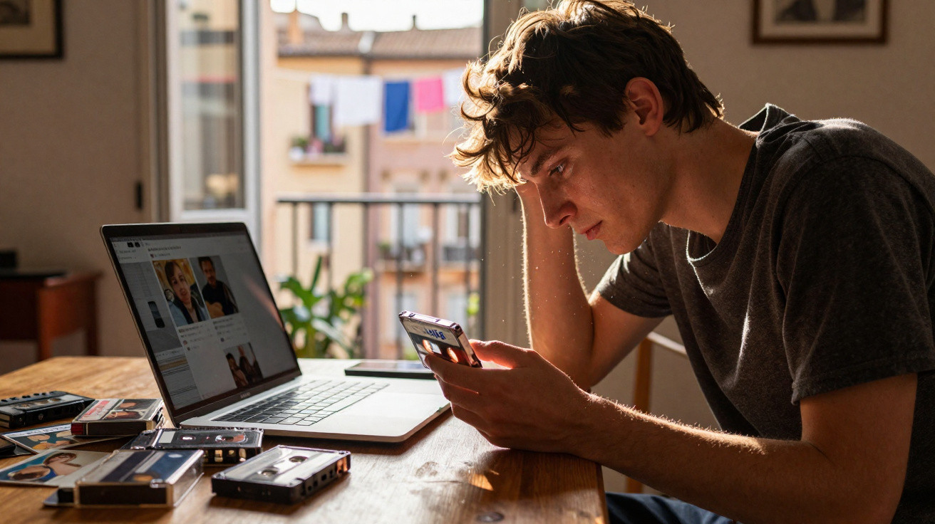 Jovem sentado à mesa a usar telemóvel, com computador portátil aberto e cassetes espalhadas sobre a mesa.