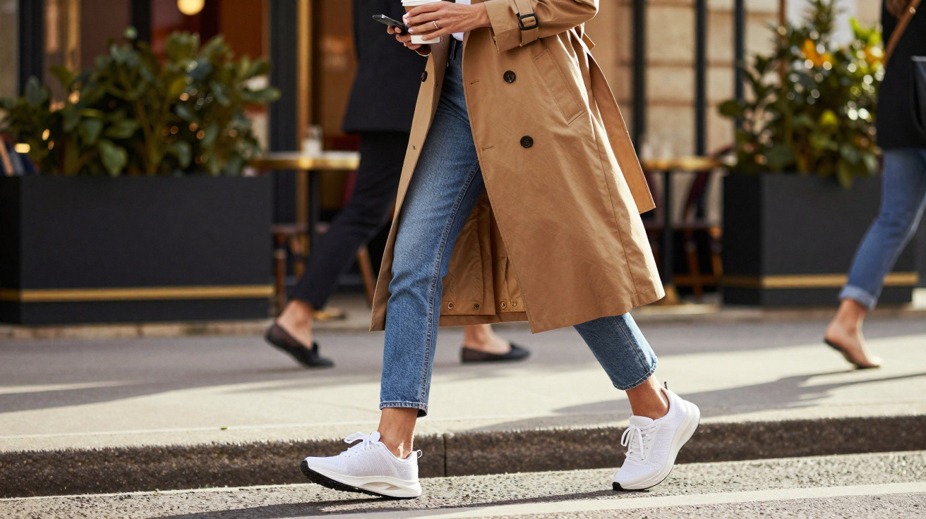Pessoa a atravessar a rua com gabardina castanha, jeans e sapatilhas brancas, segurando um telemóvel e café.