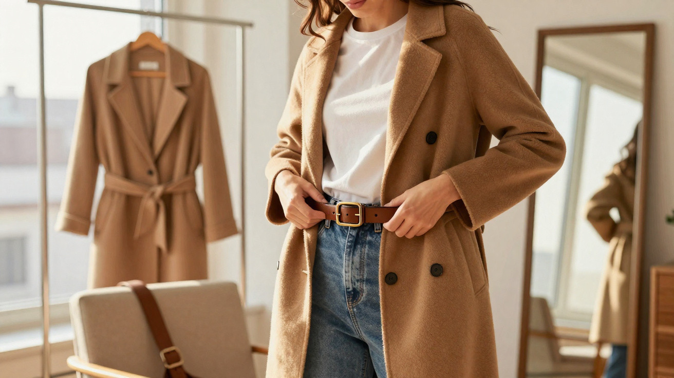 Mulher a vestir casaco camel, t-shirt branca e jeans, com casaco similar pendurado e espelho ao fundo.
