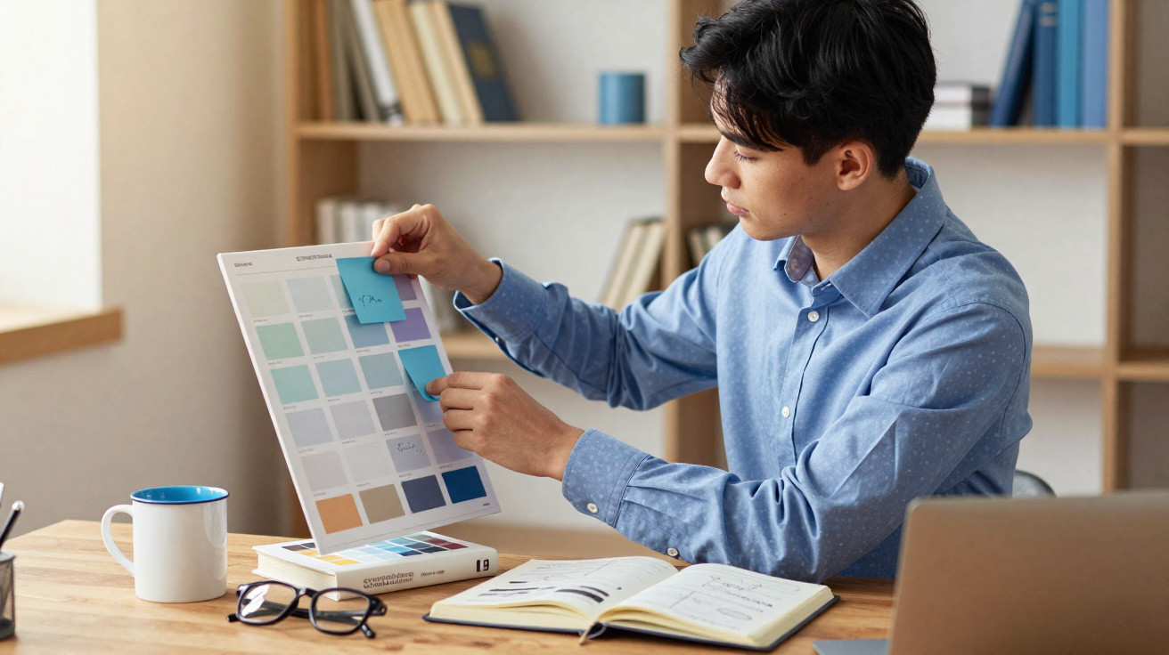 Homem prende notas adesivas coloridas numa paleta de cores enquanto está sentado numa secretária com livros e caderno aberto.