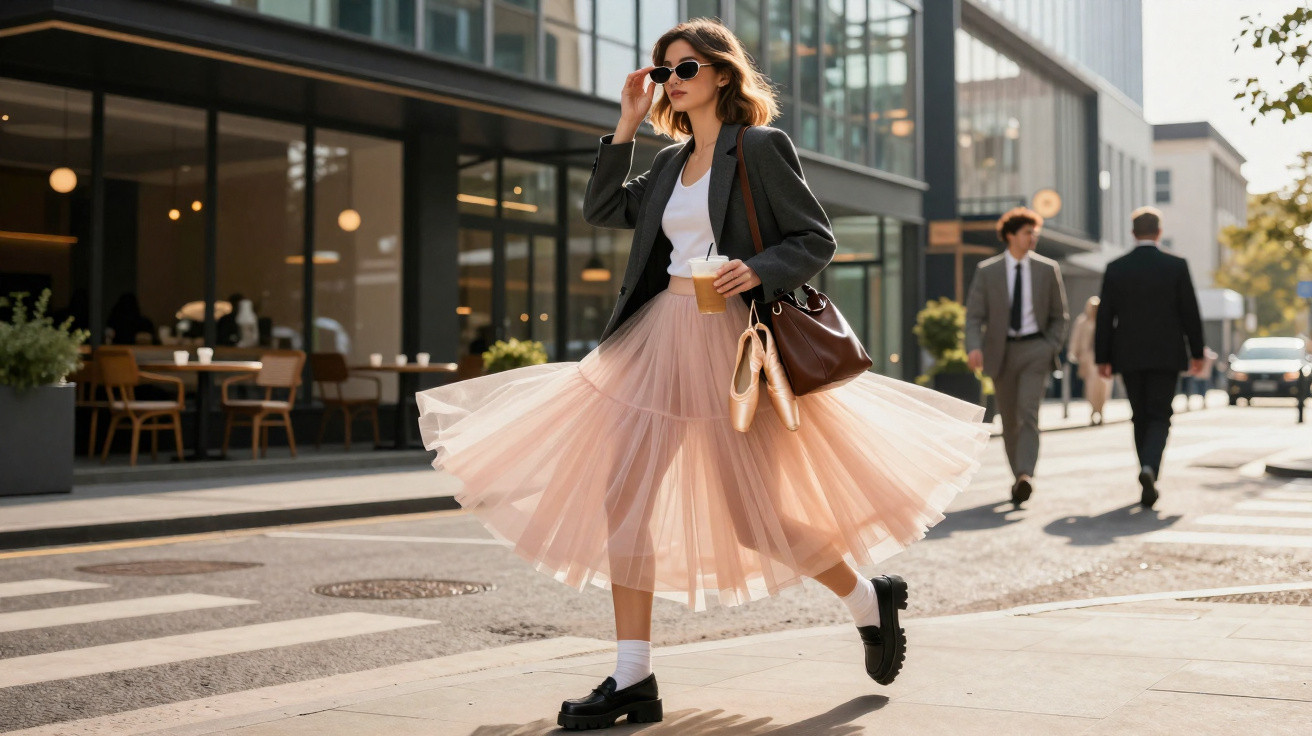 Mulher com saia rosa fluida, blazer cinza e óculos escuros, com sapatilhas de balé na mão, caminha na cidade.