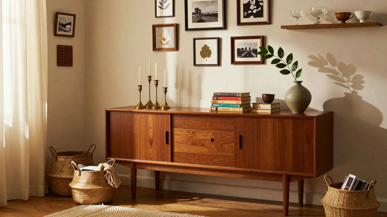 Aparador de madeira com livros, castiçais e vaso com folhas, rodeado por cestos e quadros decorativos.