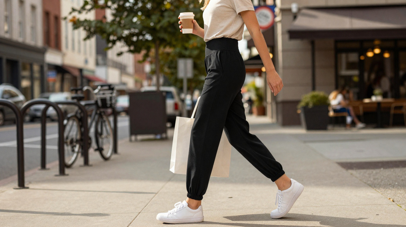 Pessoa a andar na rua com roupa casual, segurando um copo de café e um saco de compras branco.